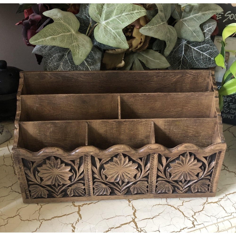 Vtg Desk Organizer Lerner Melville Faux-Wood Carved Mail File Letter Holder  (1)